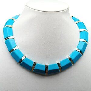Vintage Lucite Turquoise & Gold Tone Choker Necklace with Geometric Design Hong